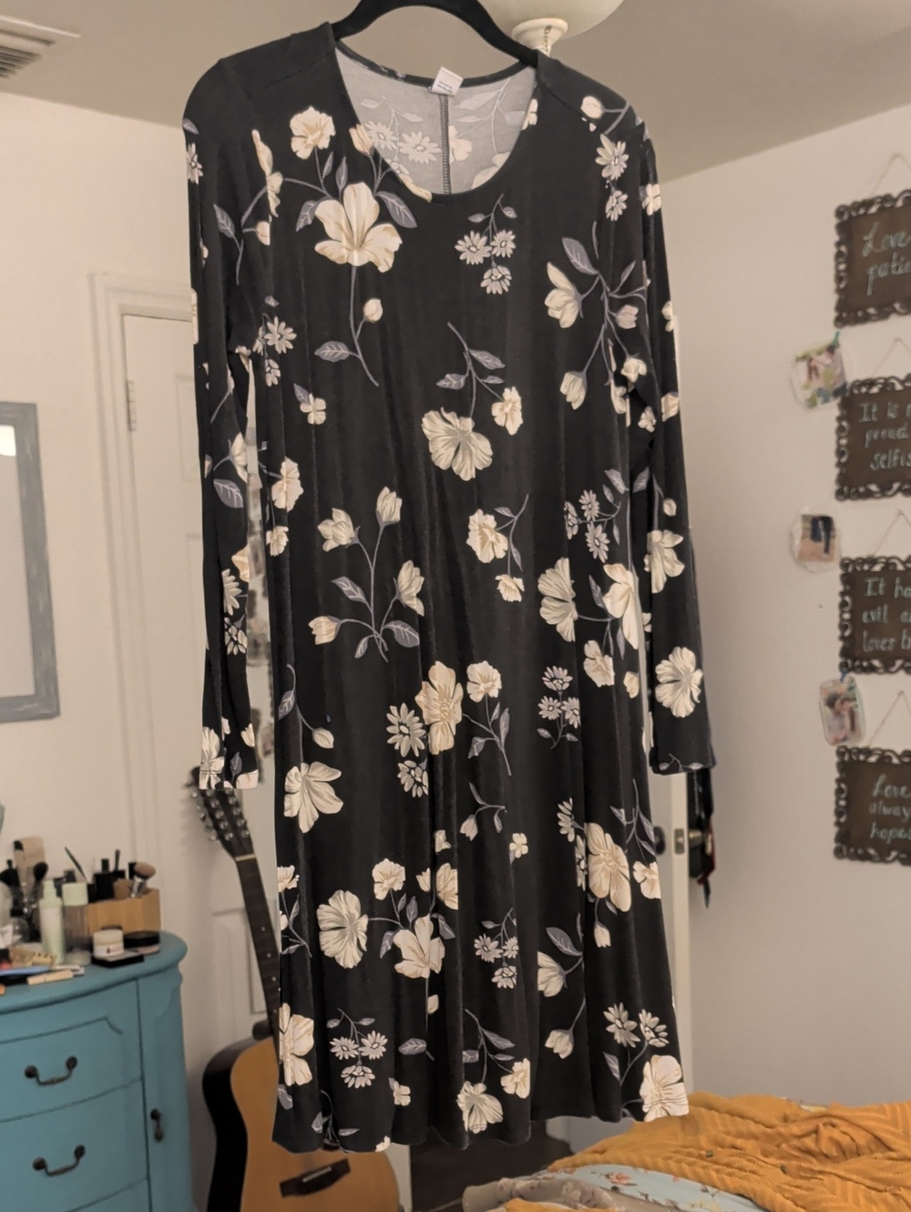 Old Navy Black Long-Sleeve Floral A-Line Dress